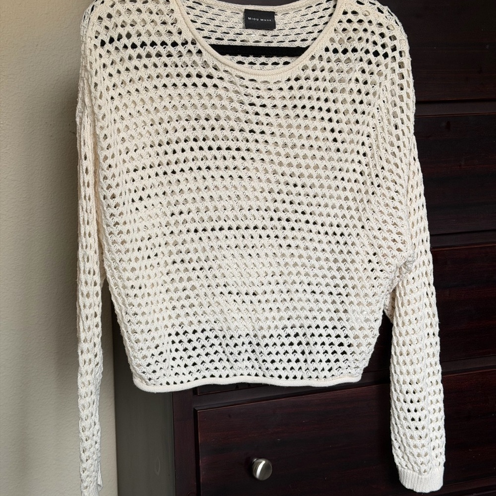Open Weave Crewneck Sweater in Cream